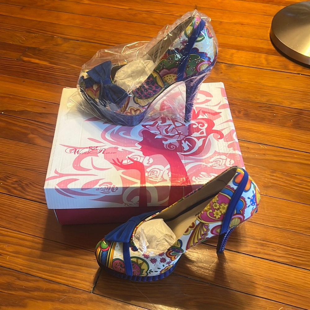 Royal blue multi fabric heels
